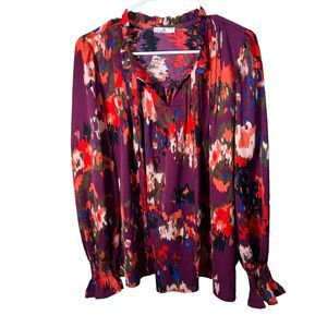 HT Blouse Women's Large V-Neck Printed Colorful Long Sleeve Ruffle Top Shirt